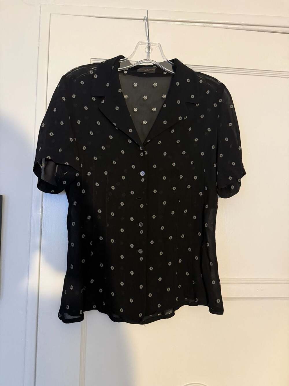 Donna Karan New York Sheer Geometric Print Short Sleeve Blouse Size 8